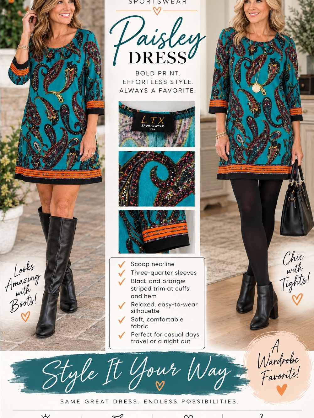 Boutique LTX Sportswear Teal Paisley Dress with Black and Orange Trim